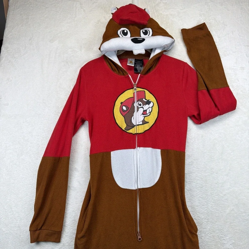 Buc-ee's Beaver Costume Boys Medium Hooded One Piece Pajama Union Suit Zip Tail